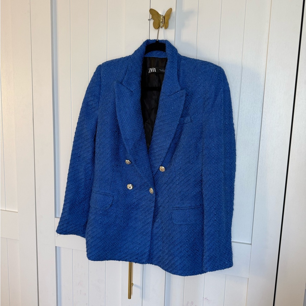 Zara Women's tweed  double breast Blue Blazer